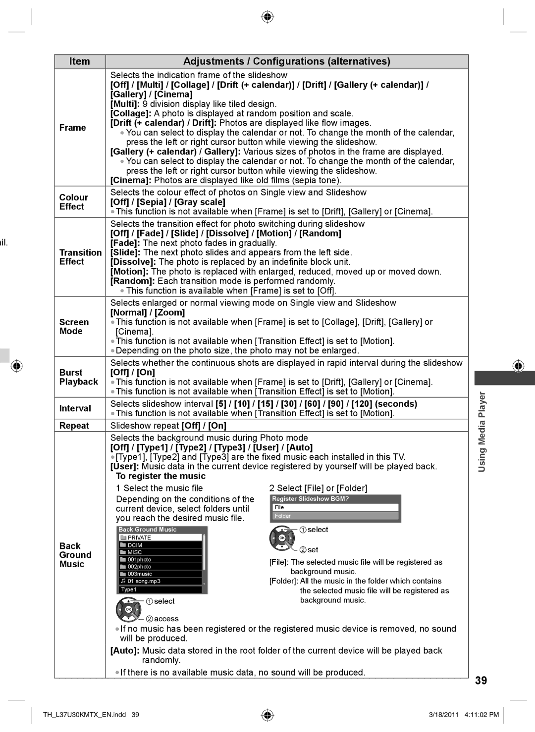 Panasonic TH-L37U30X, TH-L37U30M operating instructions Adjustments / Configurations alternatives, Back, Ground, Music 