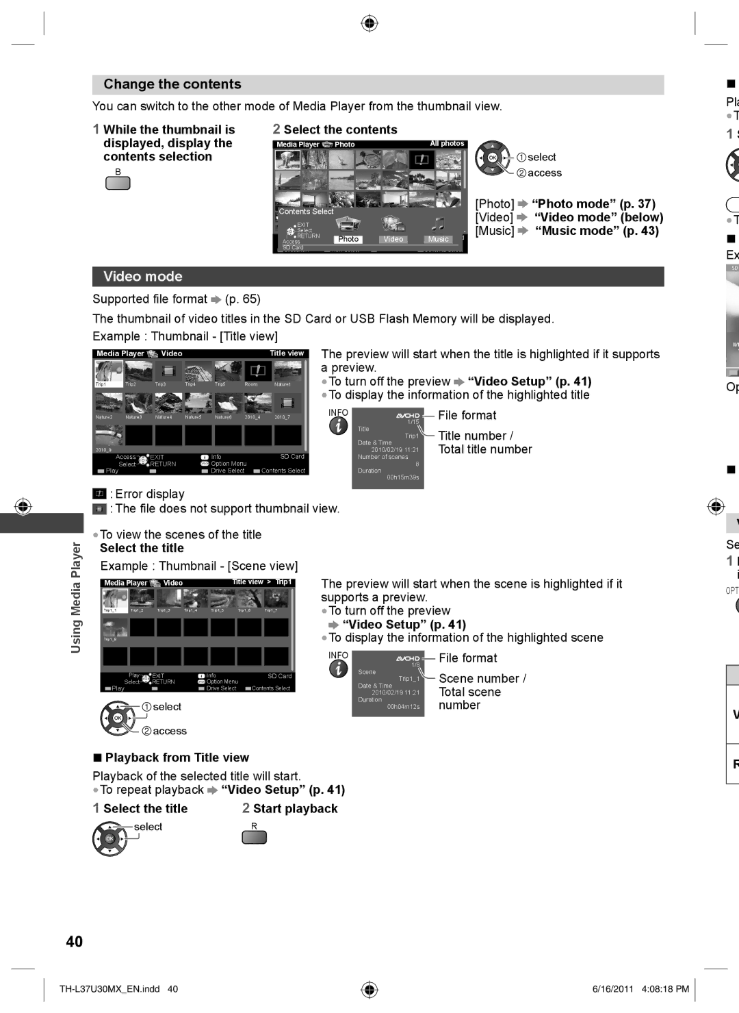 Panasonic TH-L37U30M, TH-L37U30X operating instructions Change the contents, Video mode 