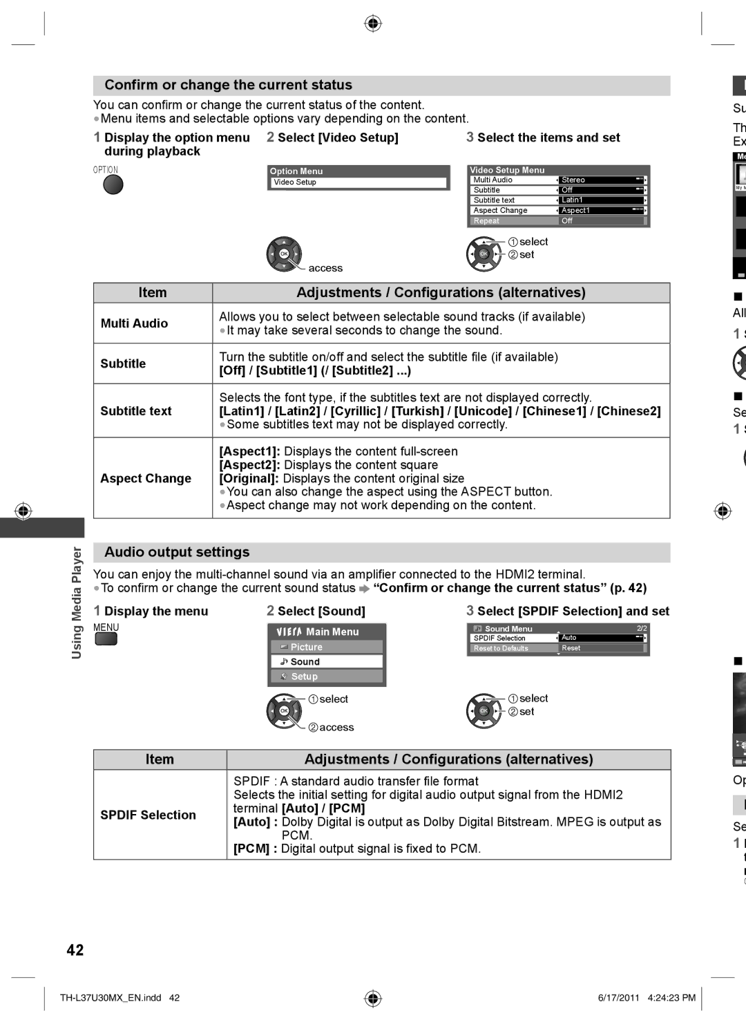 Panasonic TH-L37U30M, TH-L37U30X operating instructions Confirm or change the current status, Audio output settings, Player 