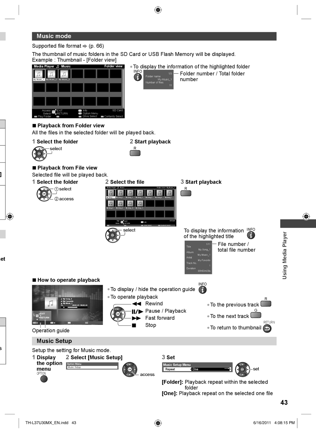 Panasonic TH-L37U30X, TH-L37U30M operating instructions Music mode, Music Setup, Select the folder Select the file 