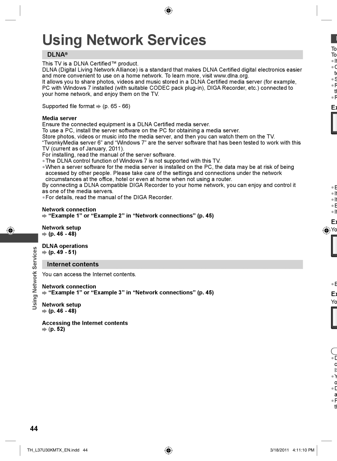 Panasonic TH-L37U30M, TH-L37U30X operating instructions Using Network Services, Internet contents 