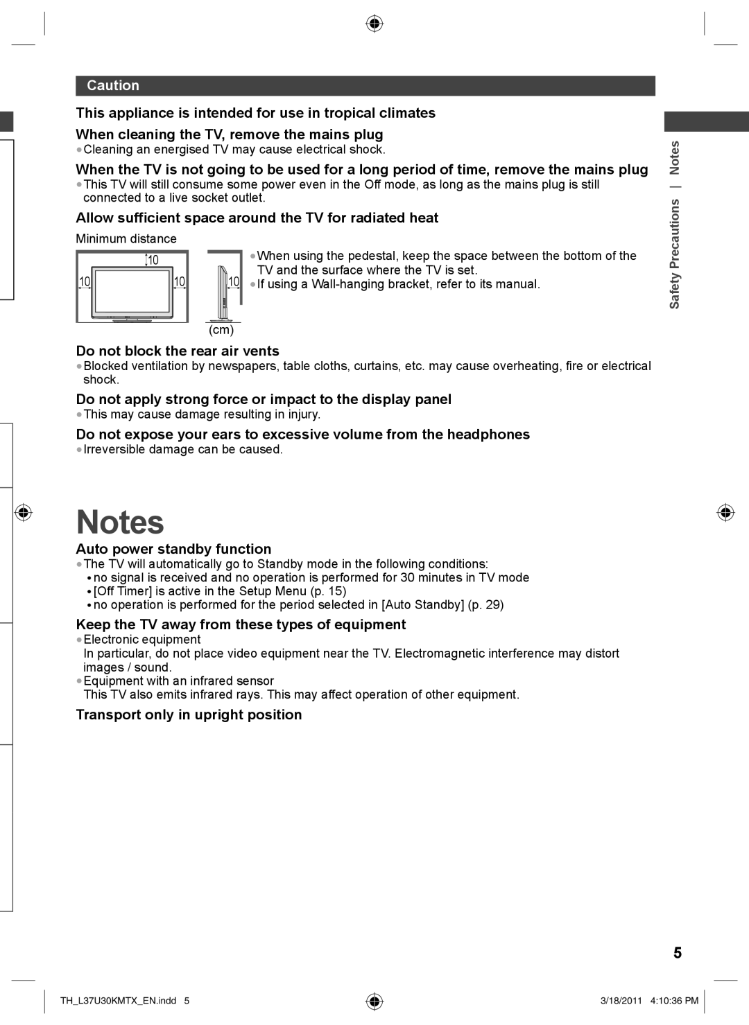 Panasonic TH-L37U30X, TH-L37U30M Allow sufficient space around the TV for radiated heat, Do not block the rear air vents 