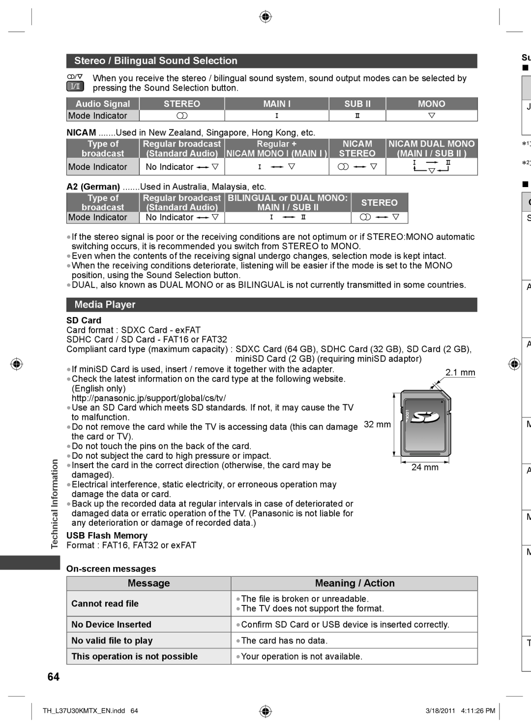 Panasonic TH-L37U30M, TH-L37U30X operating instructions Stereo / Bilingual Sound Selection, Media Player 