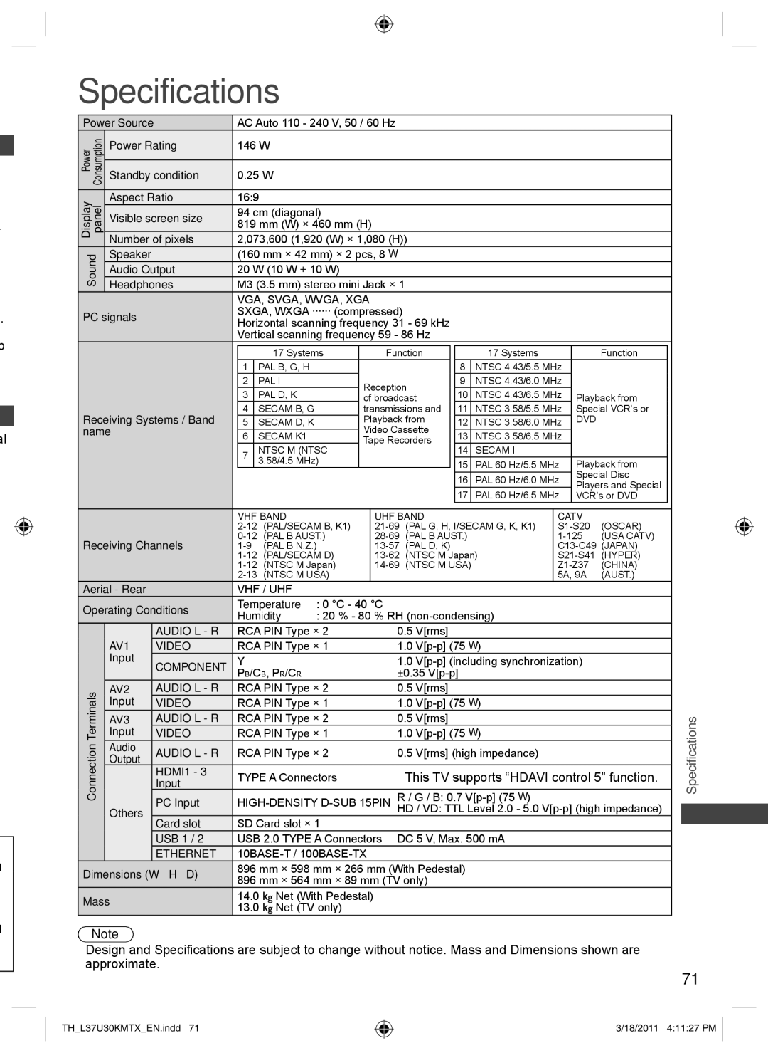 Panasonic TH-L37U30X, TH-L37U30M operating instructions Specifications, This TV supports Hdavi control 5 function 