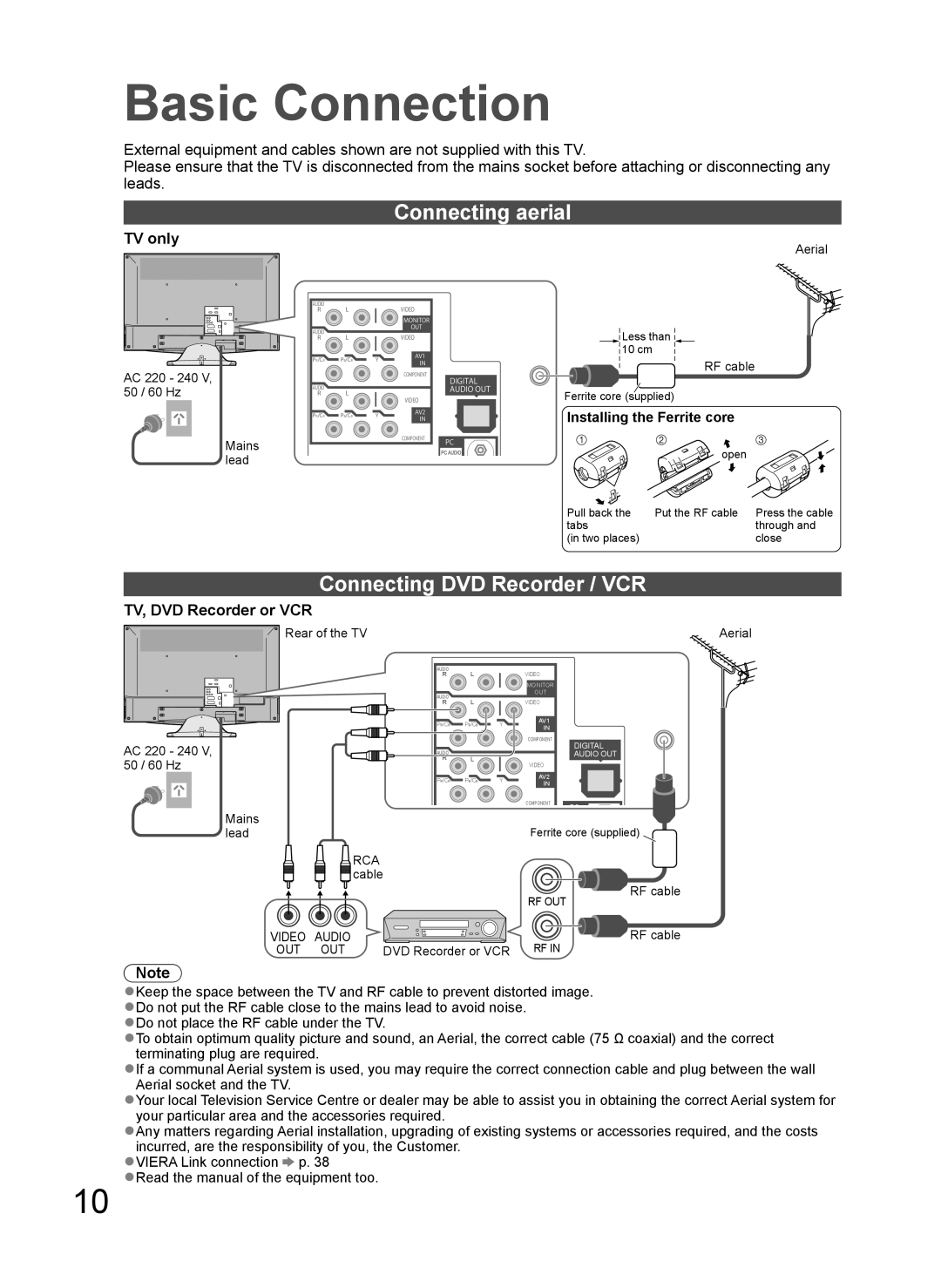 Panasonic TH-L37V10A Basic Connection, Connecting aerial, Connecting DVD Recorder / VCR, TV only, TV, DVD Recorder or VCR 