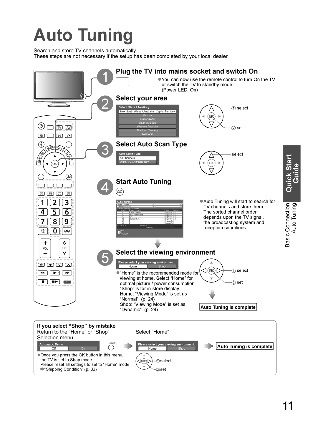 Panasonic TH-L37V10A Plug the TV into mains socket and switch On, Select your area, Auto Tuning is complete 