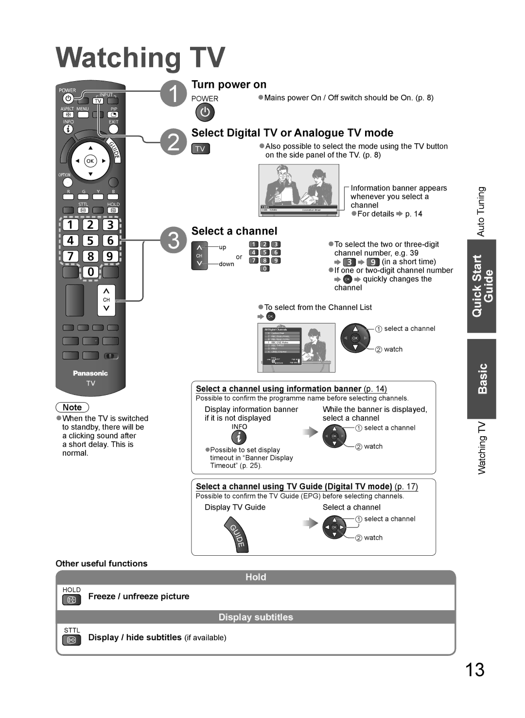 Panasonic TH-L37V10A Watching TV, Start Auto Guide, Turn power on, Select Digital TV or Analogue TV mode, Select a channel 