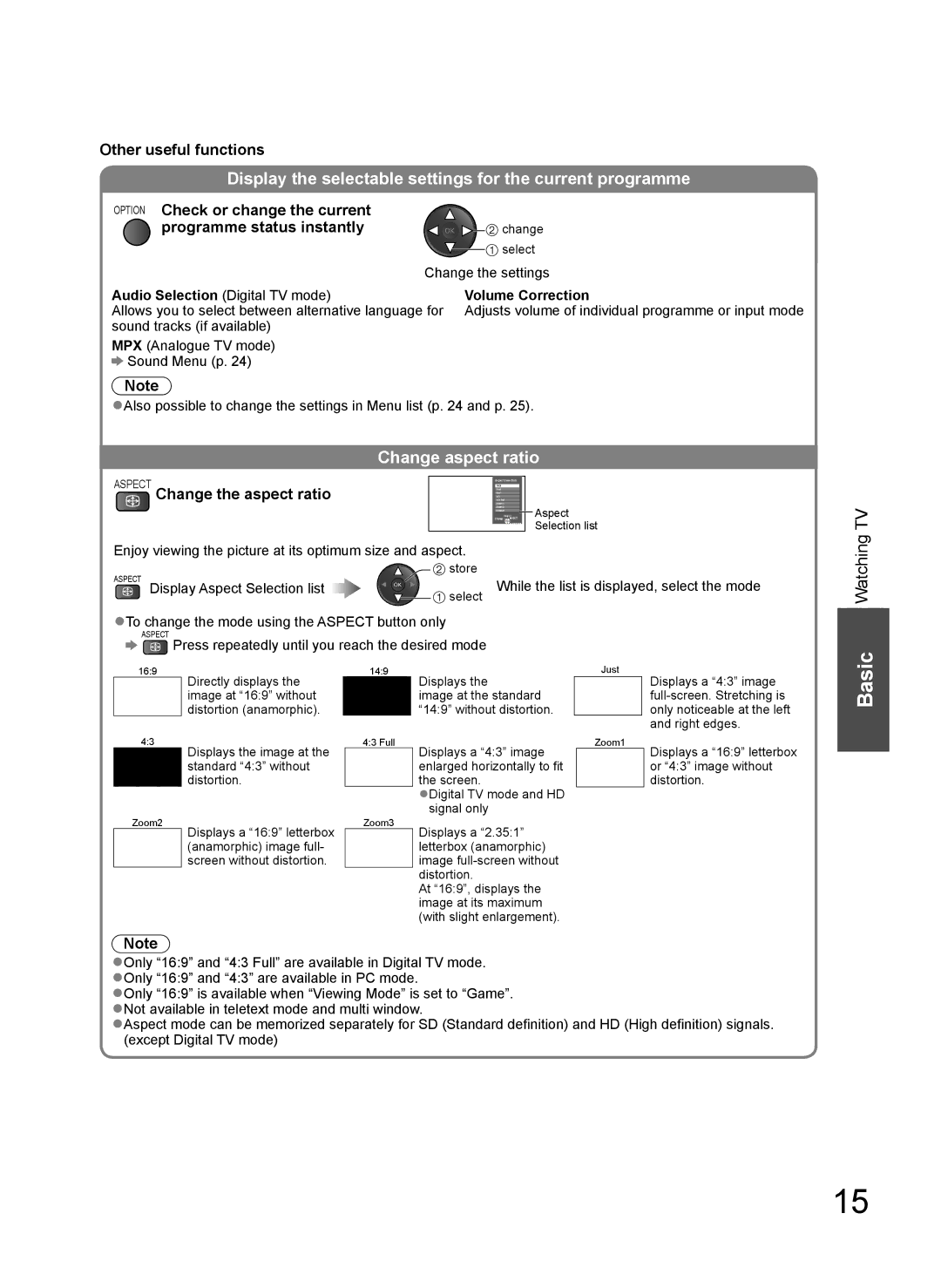 Panasonic TH-L37V10A Display the selectable settings for the current programme, Change aspect ratio, Volume Correction 