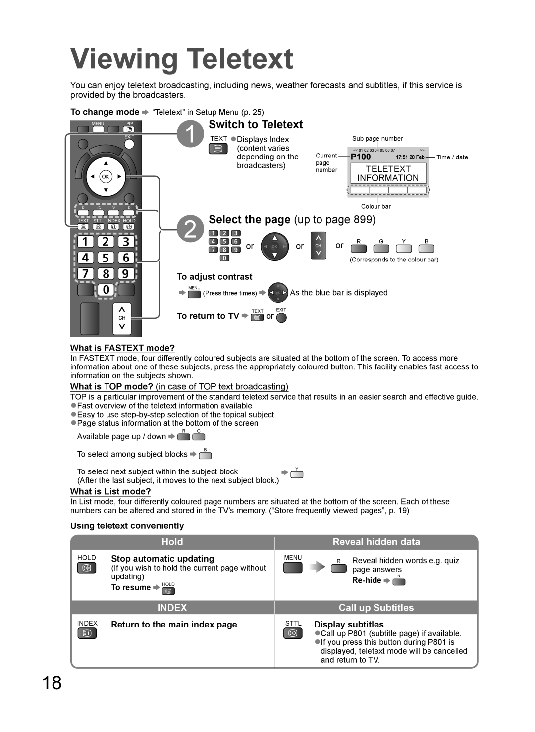 Panasonic TH-L37V10A operating instructions Viewing Teletext, Select the page up to, Reveal hidden data, Call up Subtitles 