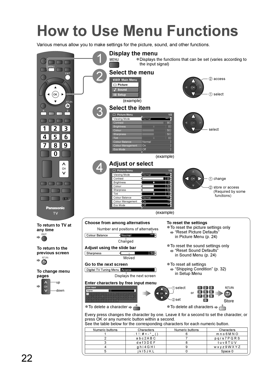 Panasonic TH-L37V10A How to Use Menu Functions, Display the menu, Select the menu, Select the item, Adjust or select 