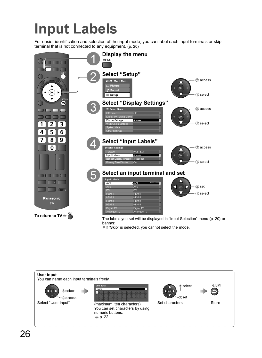 Panasonic TH-L37V10A Select Setup, Select Display Settings, Select Input Labels, Select an input terminal and set 