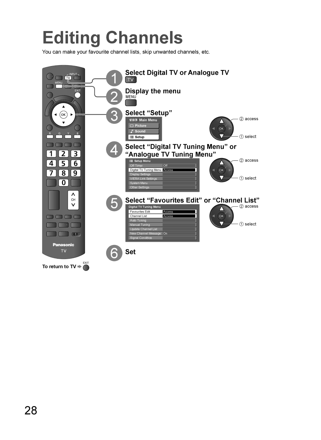 Panasonic TH-L37V10A Editing Channels, Select Digital TV or Analogue TV, Select Digital TV Tuning Menu or, Set 