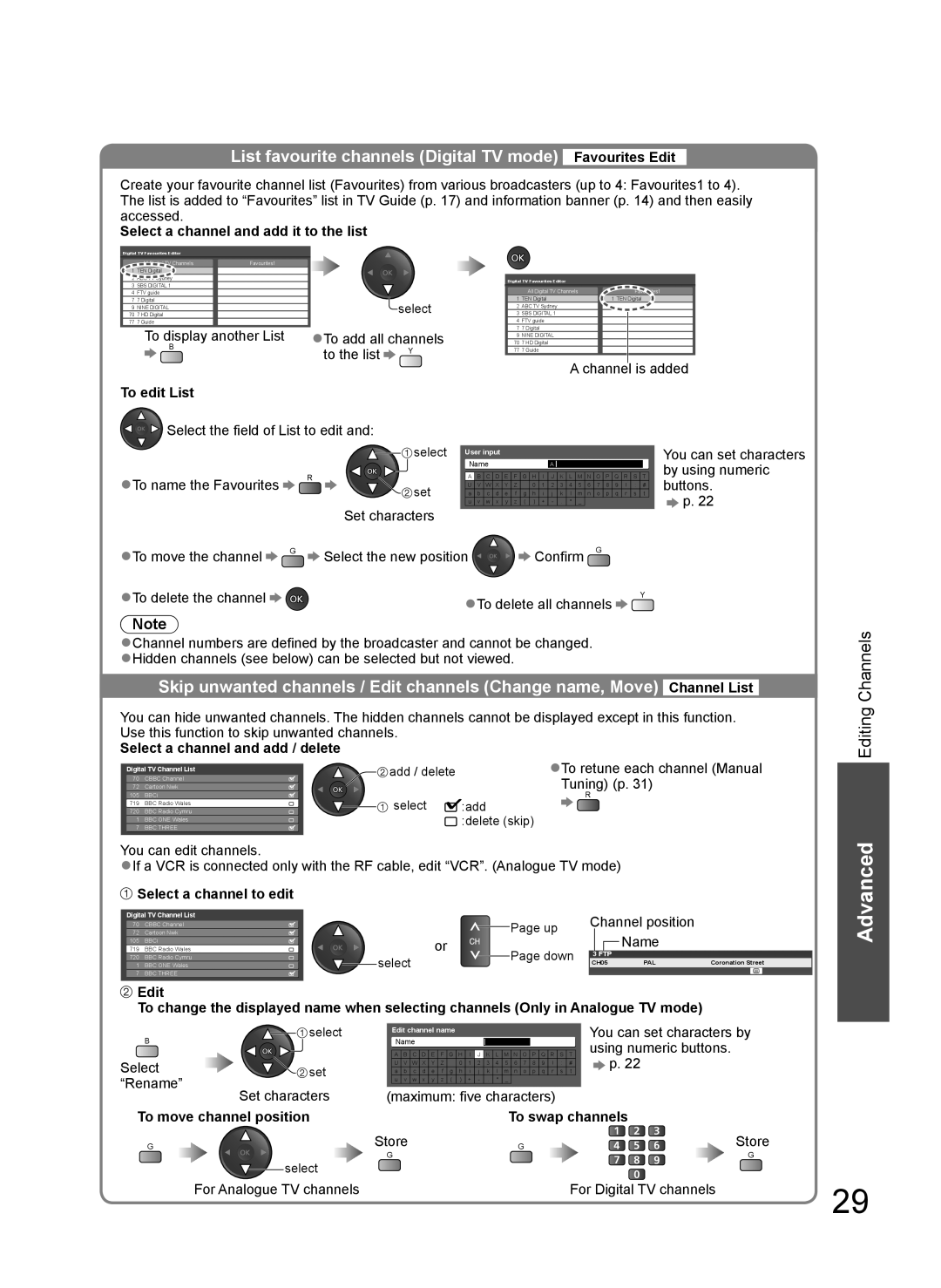 Panasonic TH-L37V10A List favourite channels Digital TV mode Favourites Edit, Select a channel and add it to the list 