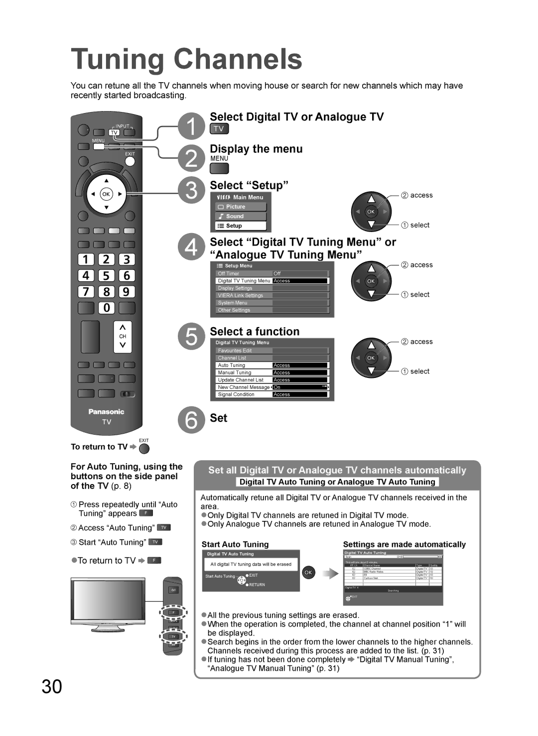 Panasonic TH-L37V10A Tuning Channels, Select Digital TV or Analogue TV Display the menu, Select a function 