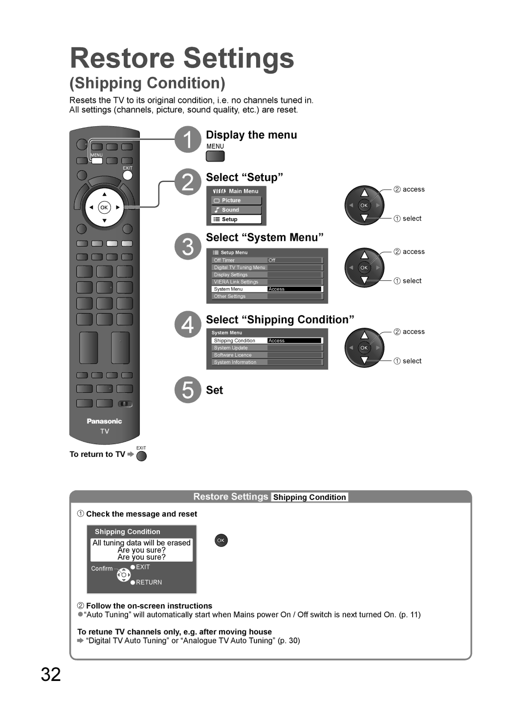 Panasonic TH-L37V10A operating instructions Restore Settings, Menu, Select Shipping Condition, DisplayMENU 