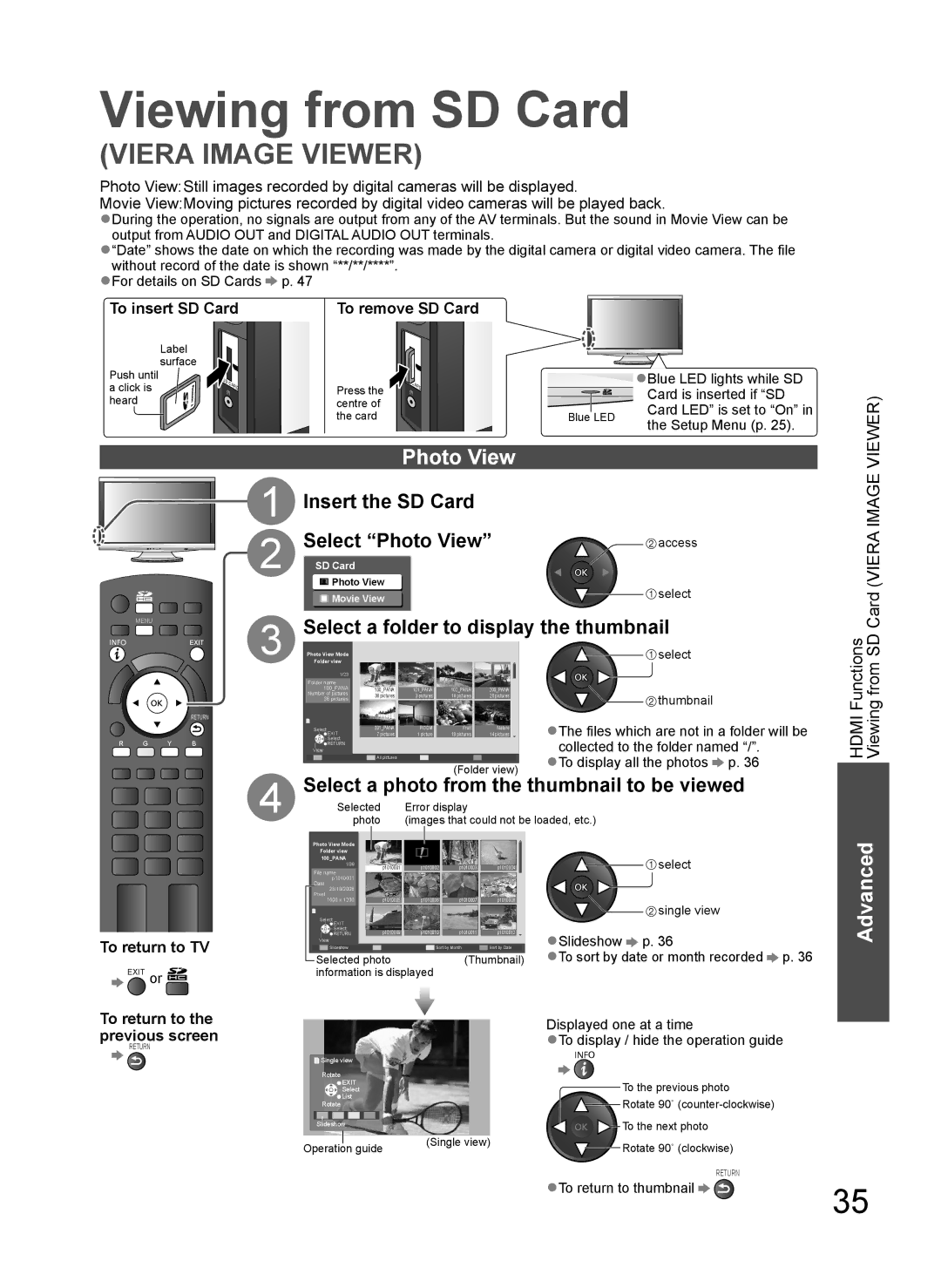 Panasonic TH-L37V10A operating instructions Viewing from SD Card, Insert the SD Card Select Photo View 