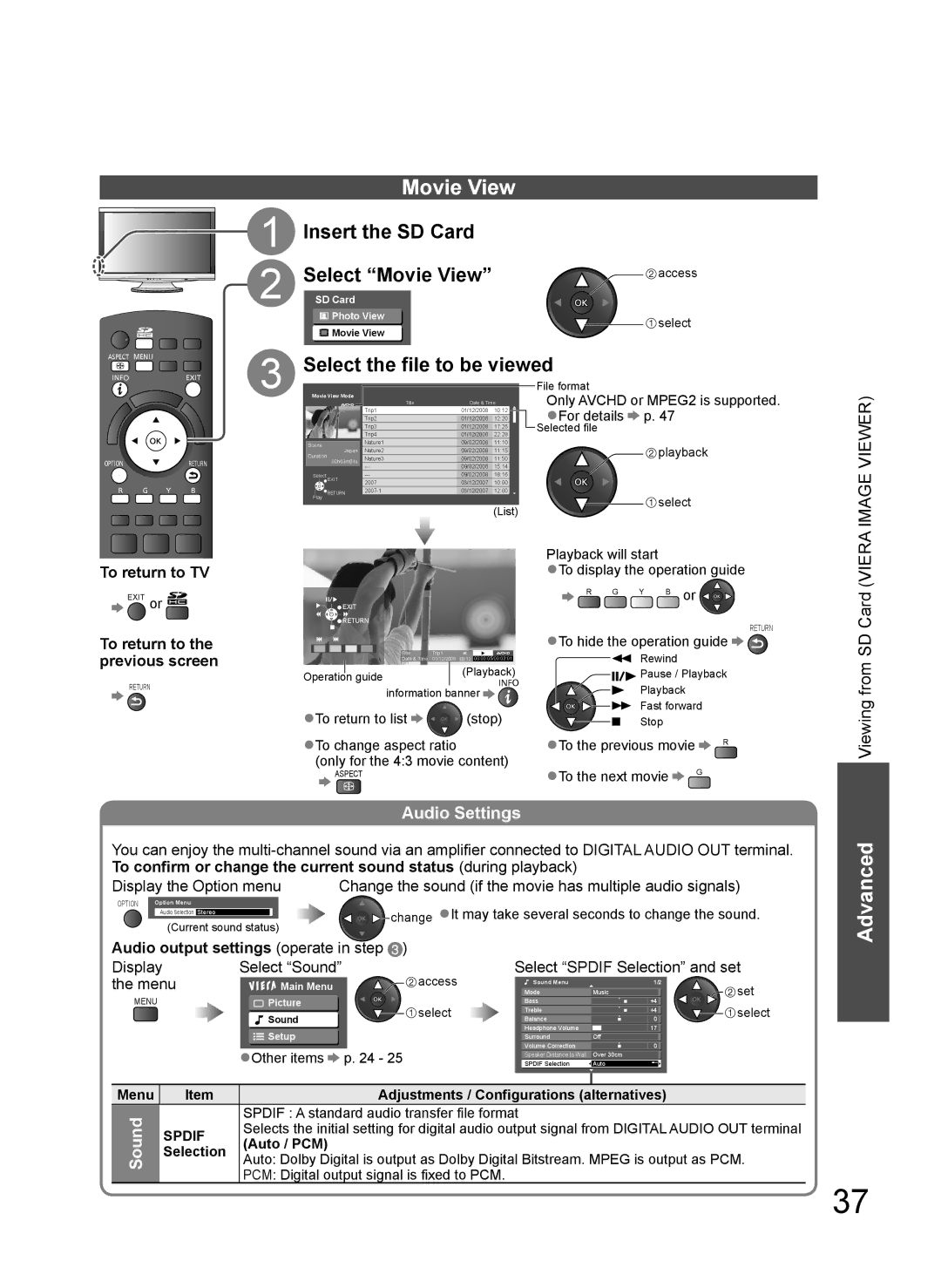 Panasonic TH-L37V10A Insert the SD Card Select Movie View, Select the file to be viewed, Audio Settings, Sound 