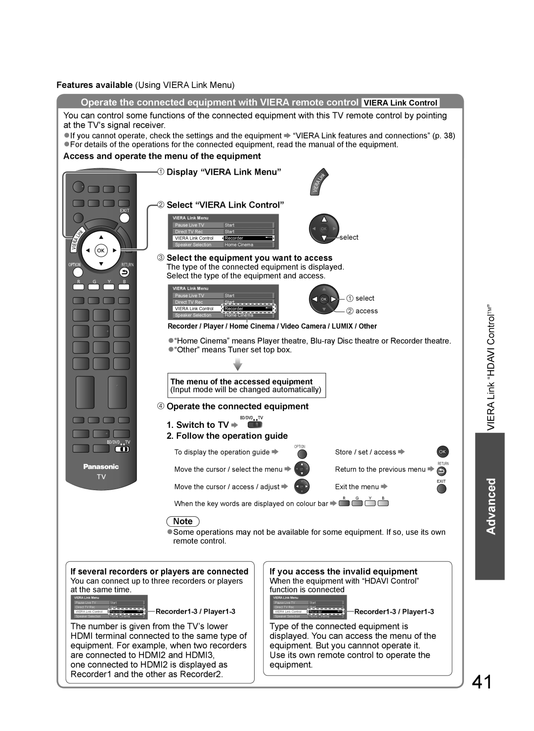 Panasonic TH-L37V10A operating instructions Select the equipment you want to access, Operate the connected equipment 