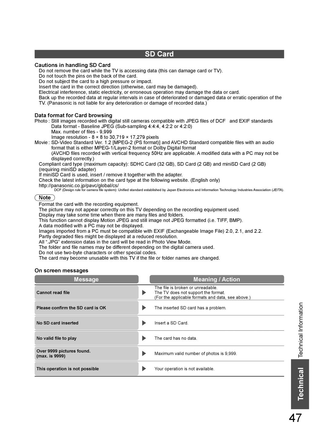 Panasonic TH-L37V10A SD Card, Message Meaning / Action, Data format for Card browsing, On screen messages 