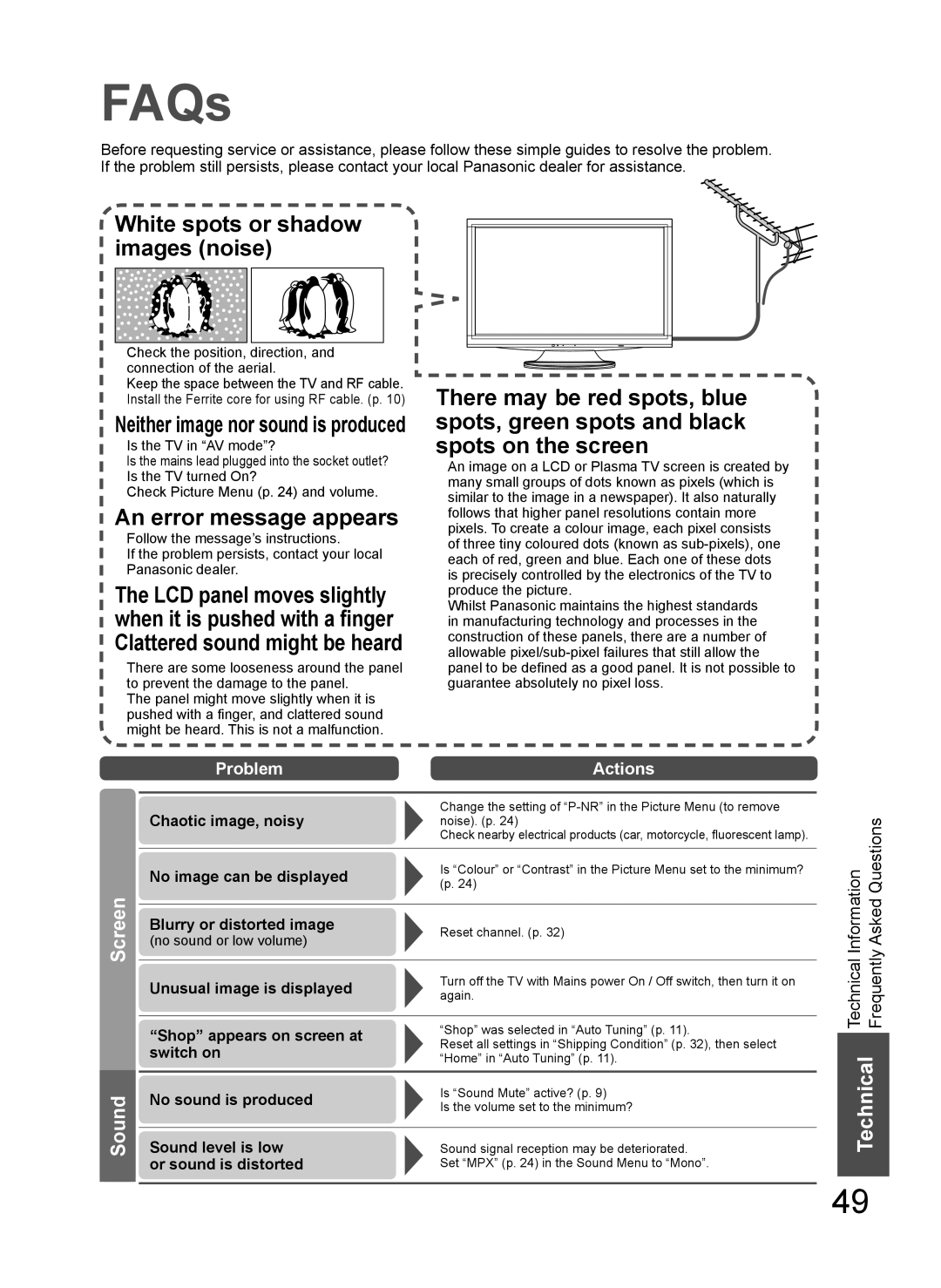 Panasonic TH-L37V10A operating instructions FAQs, Sound, Problem Actions 