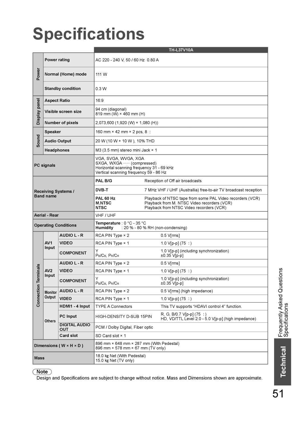 Panasonic TH-L37V10A operating instructions Specifications 