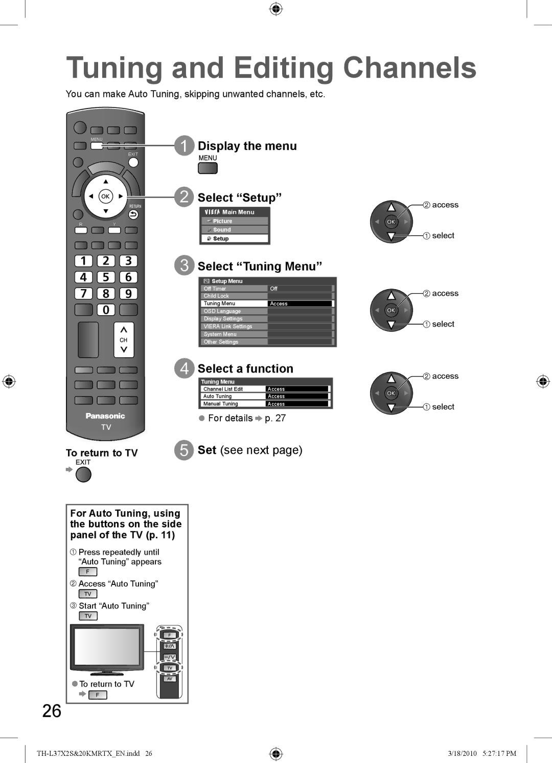 Panasonic TH-L37X20T Tuning and Editing Channels, Display the menu, Select Setup, Select Tuning Menu, Select a function 