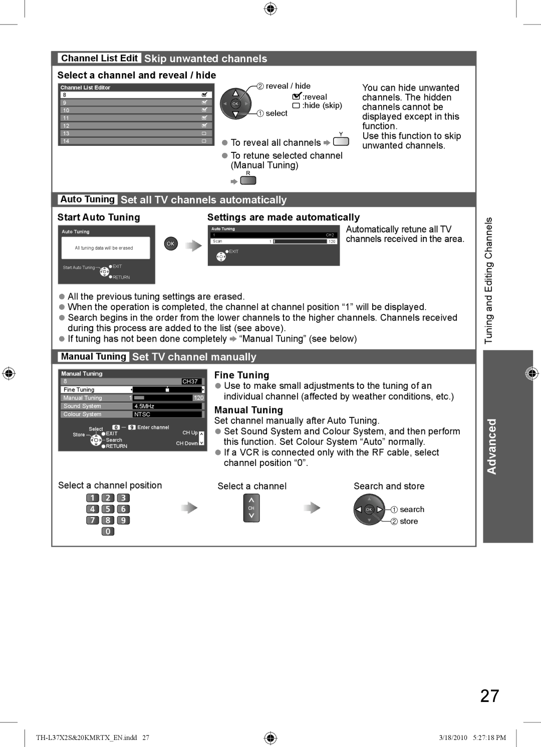 Panasonic TH-L37X20X Skip unwanted channels, Auto Tuning Set all TV channels automatically, Fine Tuning, Manual Tuning 