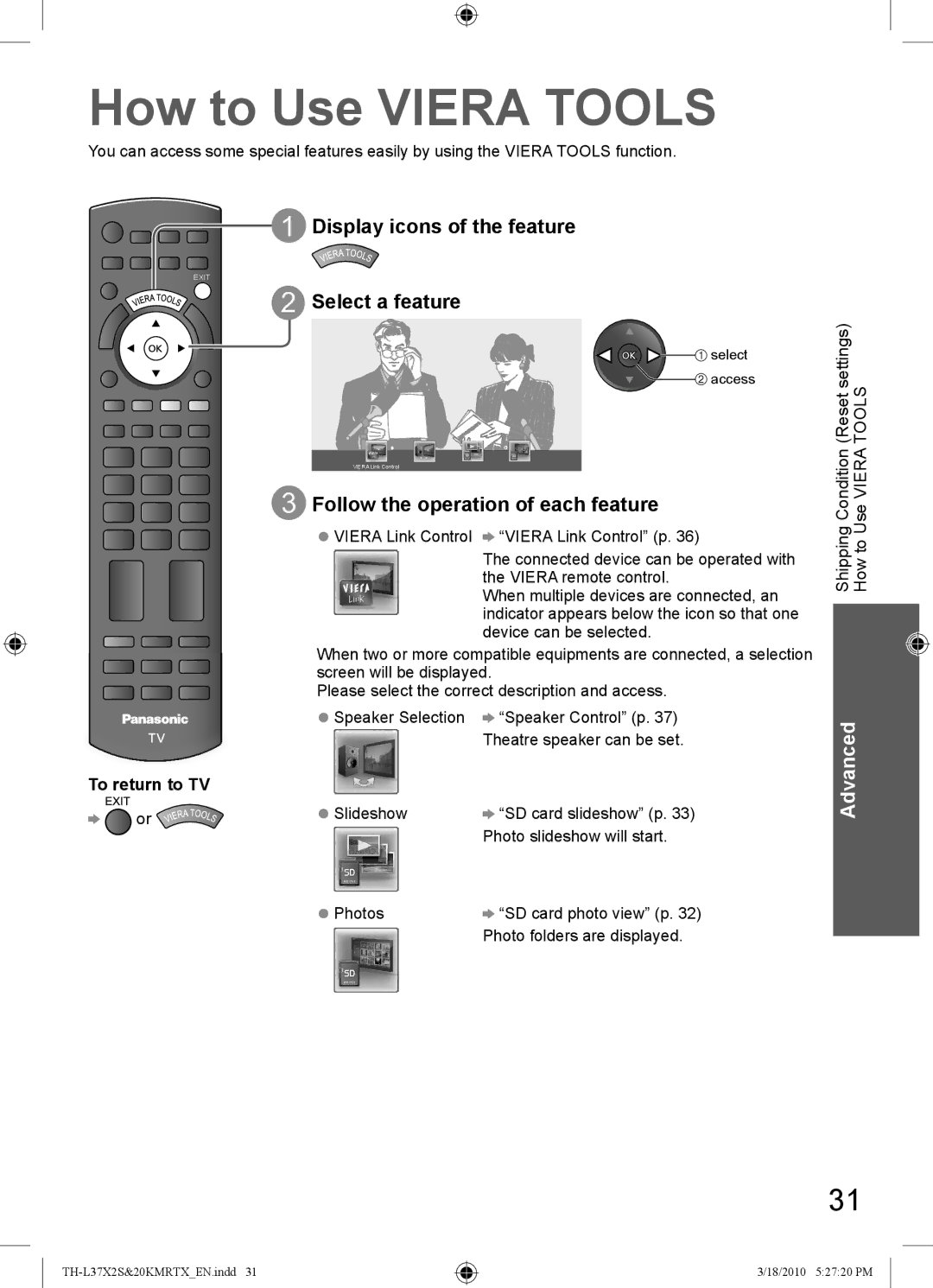 Panasonic TH-L37X20T, TH-L37X2S TH-L37X20K How to Use Viera Tools, Display icons of the feature, Select a feature 