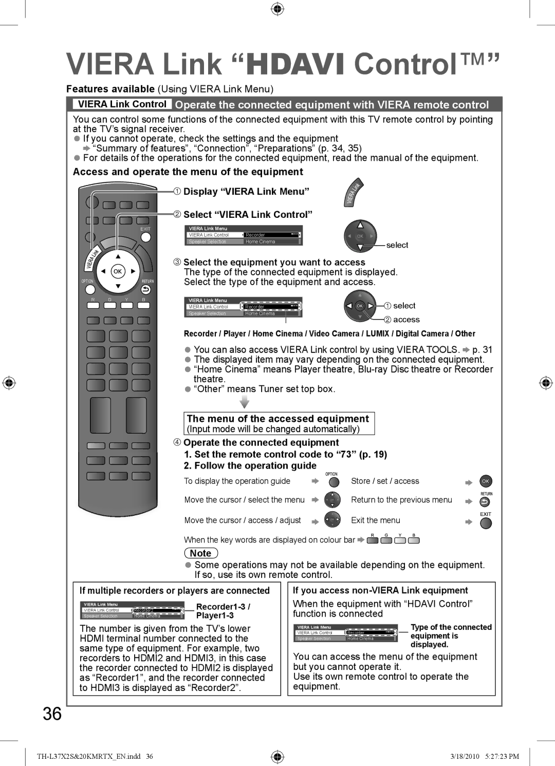 Panasonic TH-L37X20T Viera Link Hdavi Control, Select the equipment you want to access, Menu of the accessed equipment 