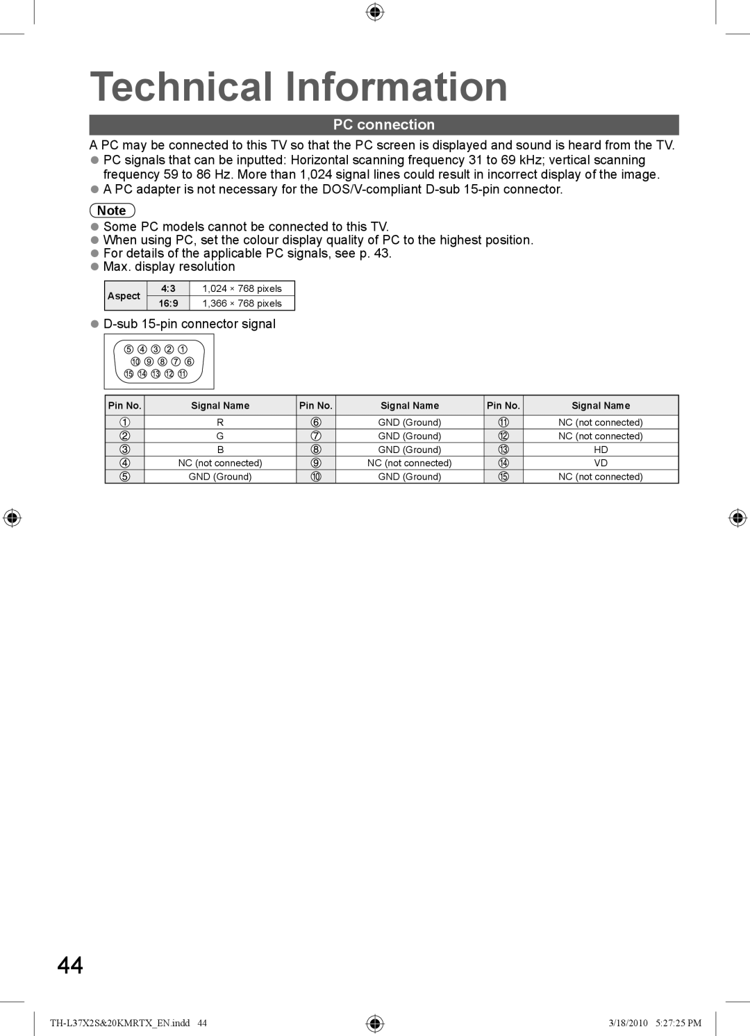 Panasonic TH-L37X20R, TH-L37X2S TH-L37X20K, TH-L37X20T, TH-L37X20X, TH-L37X20M PC connection, Sub 15-pin connector signal 