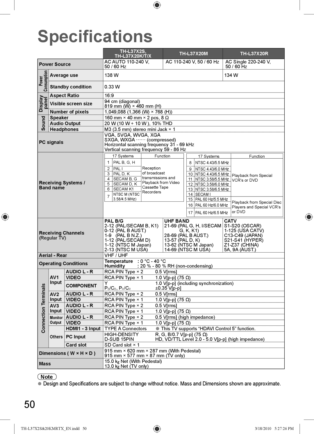 Panasonic TH-L37X2S TH-L37X20K, TH-L37X20T, TH-L37X20X Specifications, TH-L37X2S TH-L37X20M TH-L37X20R TH-L37X20K/T/X 