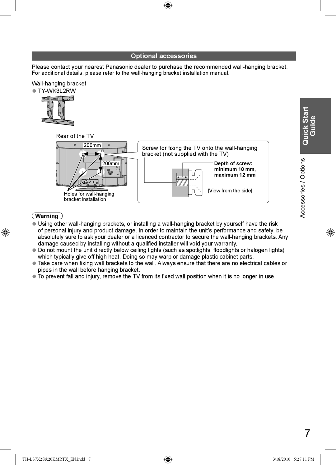 Panasonic TH-L37X20X, TH-L37X2S TH-L37X20K, TH-L37X20T, TH-L37X20M, TH-L37X20R Guide, Optional accessories, Rear of the TV 