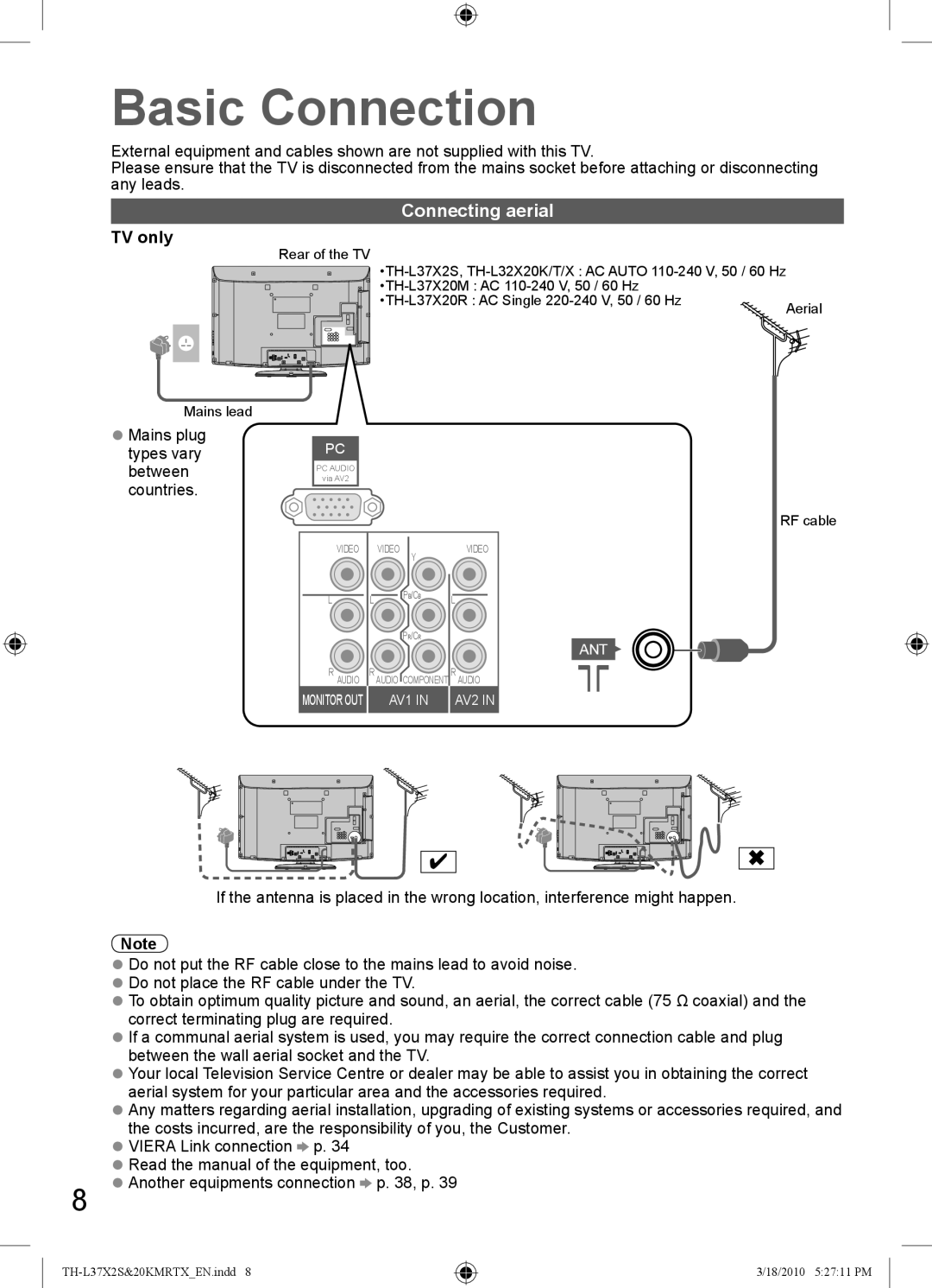 Panasonic TH-L37X20M, TH-L37X2S TH-L37X20K, TH-L37X20T, TH-L37X20X, TH-L37X20R Basic Connection, Connecting aerial, TV only 