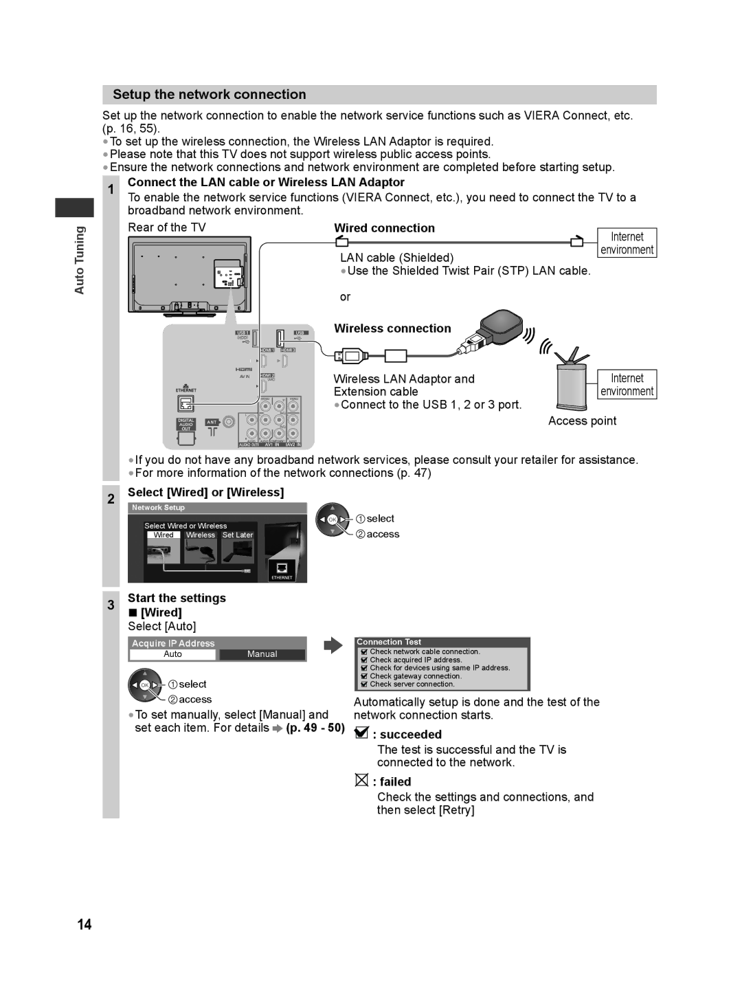 Panasonic TH-L32E30M, TH-L42E30X, TH-L42E30T, TH-L42E30M, TH-L42E30K Setup the network connection, Select Wired or Wireless 