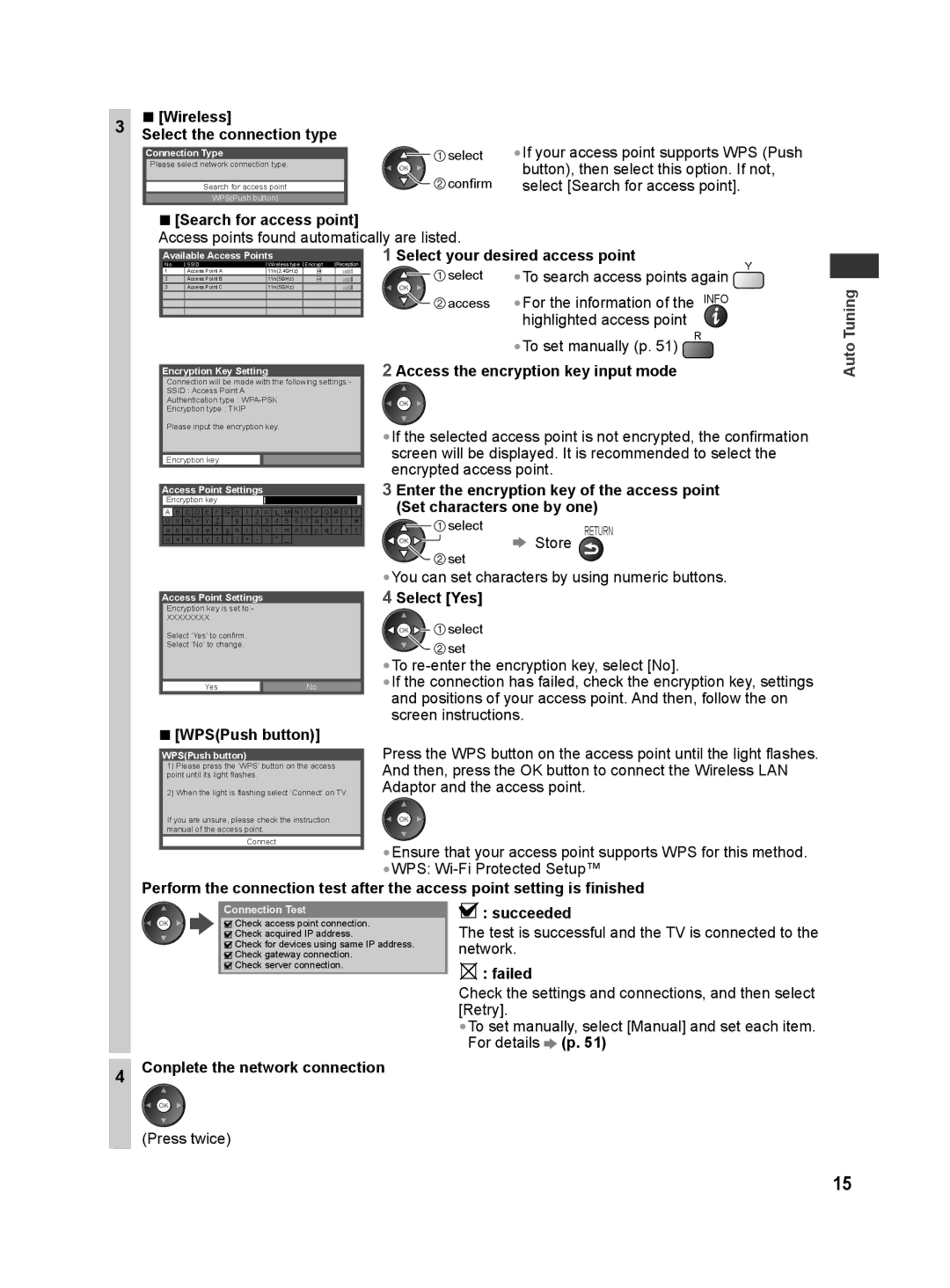 Panasonic TH-L42E30X manual Wireless, Search for access point, Select your desired access point, WPSPush button, Select Yes 