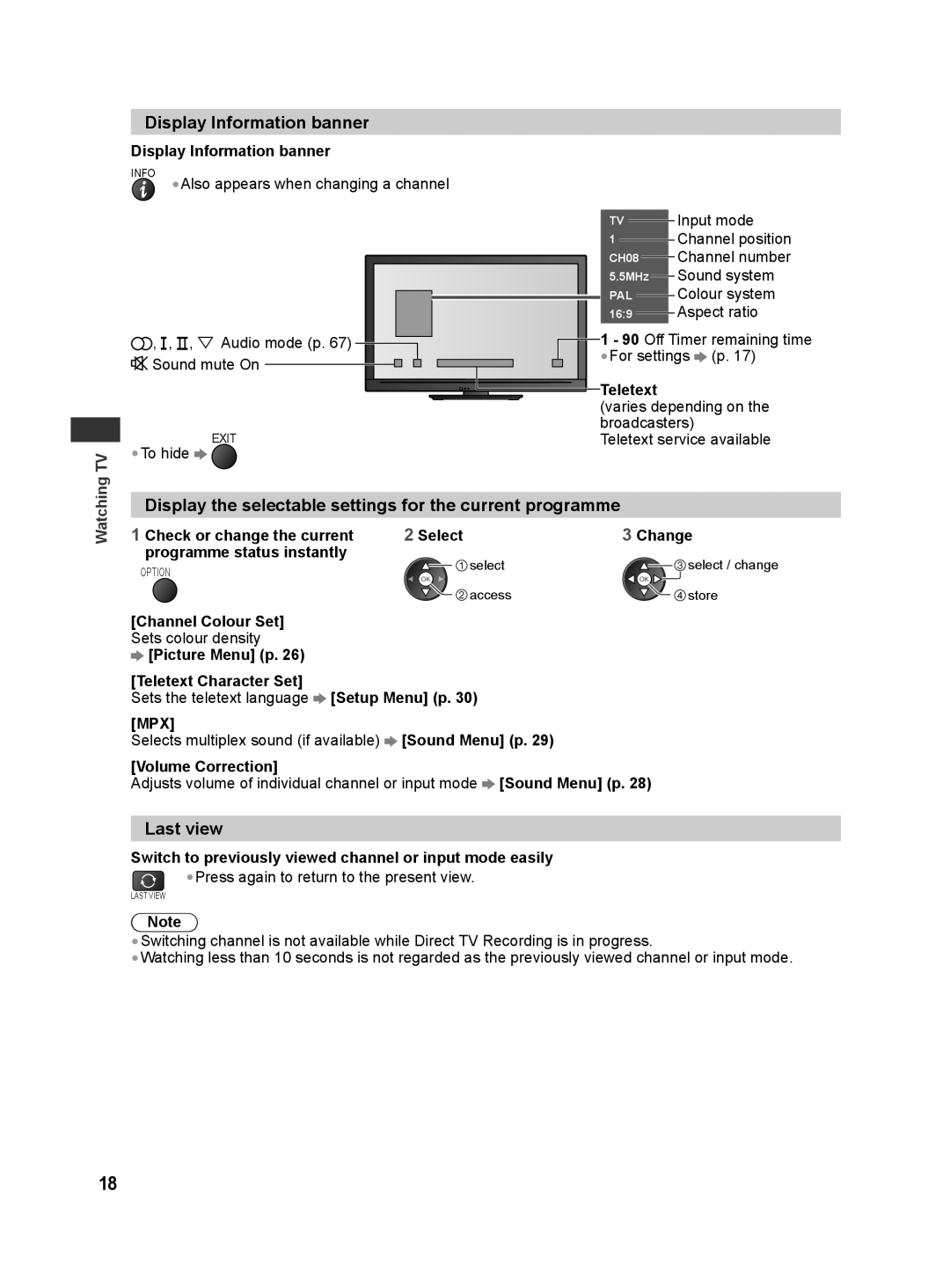 Panasonic TH-L42E30K Display Information banner, Display the selectable settings for the current programme, Last view 