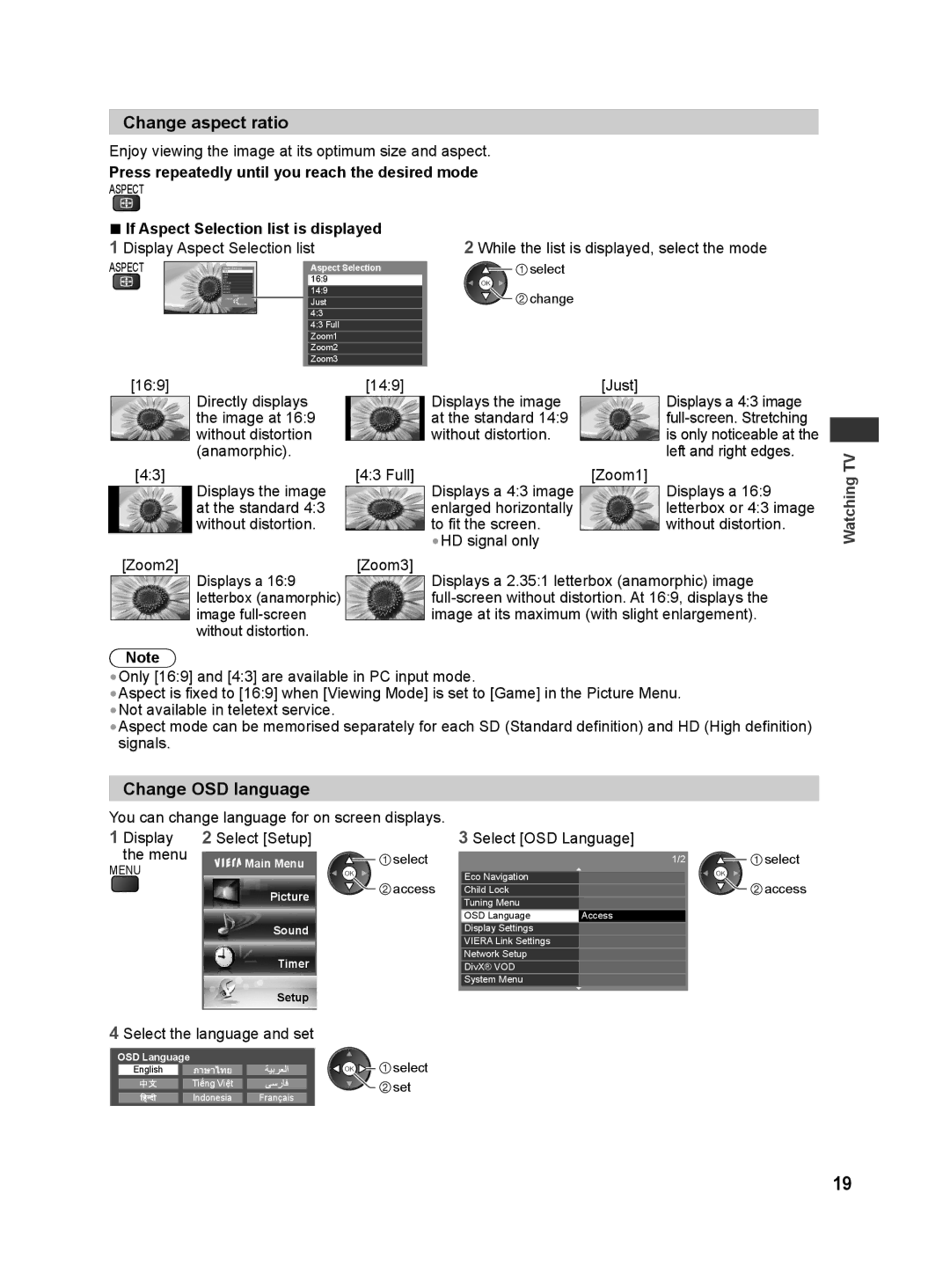 Panasonic TH-L32E30M Change aspect ratio, Change OSD language, Display Select Setup Menu, Select the language and set 