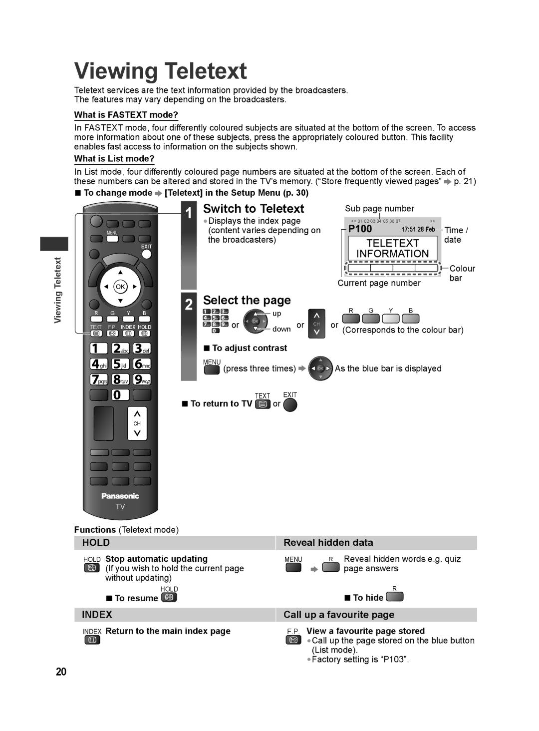 Panasonic TH-L42E30X, TH-L42E30T Viewing Teletext, Switch to Teletext, Select, Reveal hidden data, Call up a favourite 