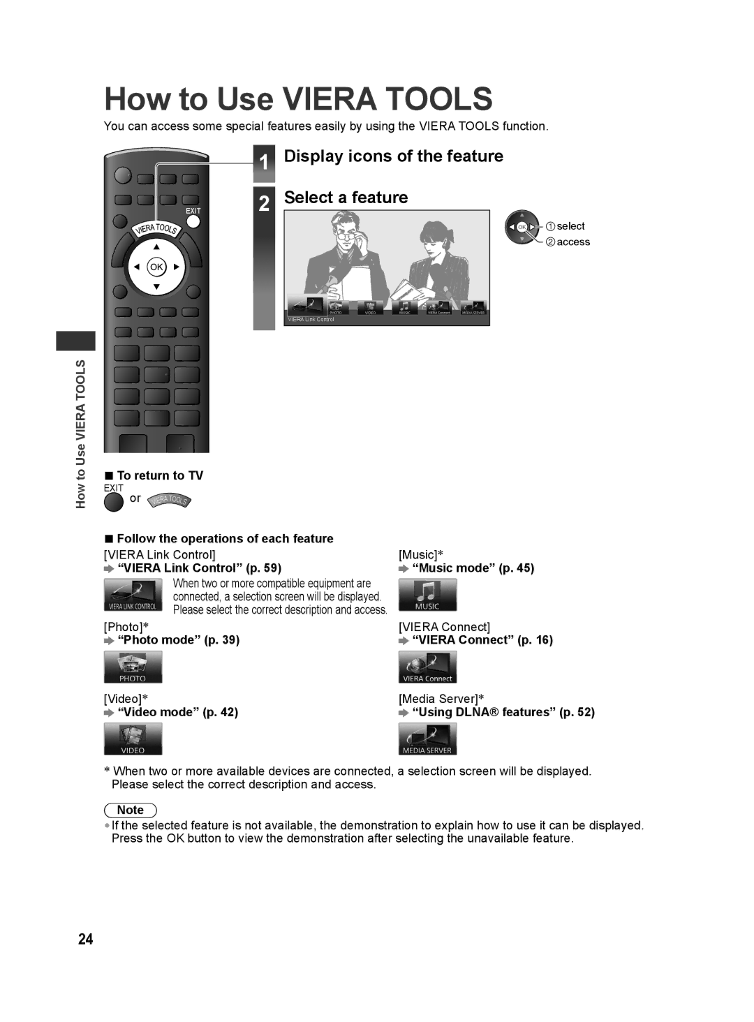 Panasonic TH-L32E30M, TH-L42E30X, TH-L42E30T manual How to Use Viera Tools, Display icons of the feature Select a feature 