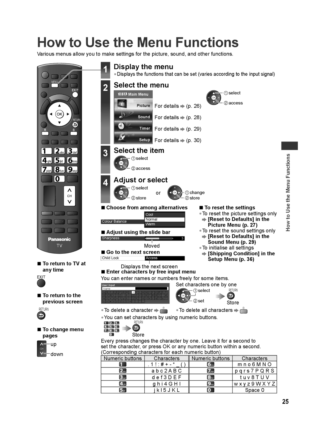 Panasonic TH-L42E30X How to Use the Menu Functions, Display the menu, Select the menu, Select the item, Adjust or select 