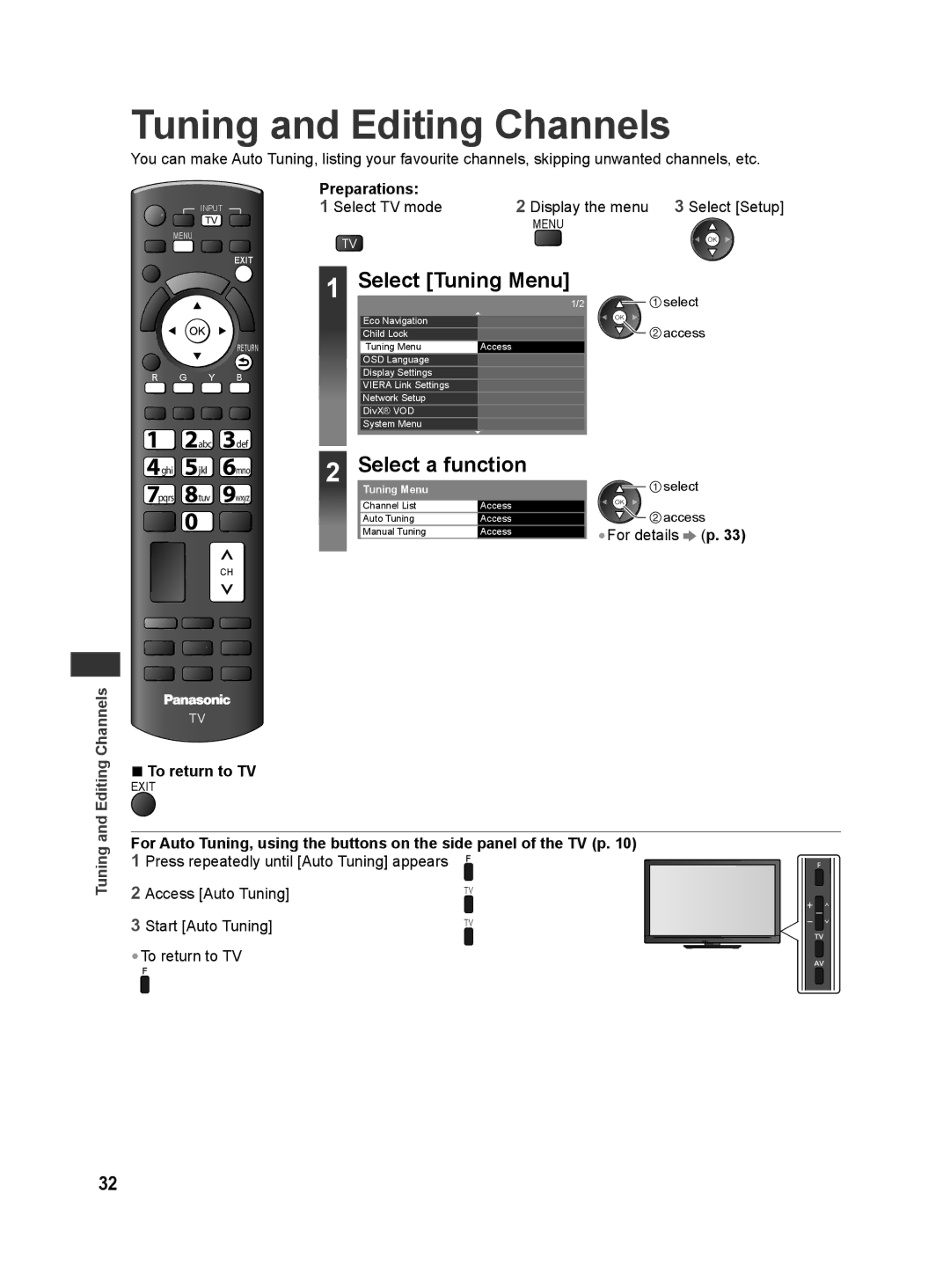 Panasonic TH-L42E30M, TH-L42E30X, TH-L42E30T, TH-L42E30K manual Tuning and Editing Channels, Select a function, Preparations 