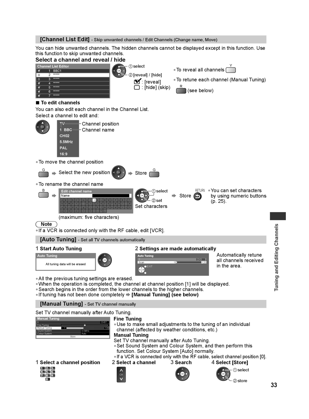 Panasonic TH-L42E30K, TH-L42E30X, TH-L42E30T, TH-L42E30M, TH-L32E30M manual Select a channel and reveal / hide 