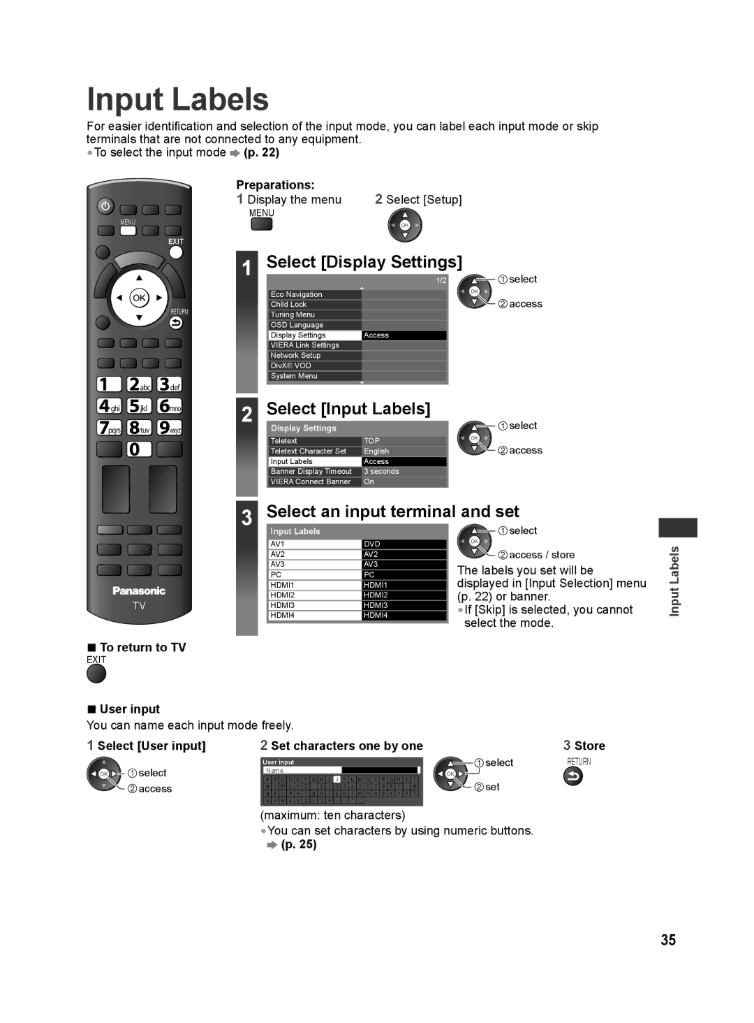 Panasonic TH-L42E30X, TH-L42E30T manual Input Labels, Display the menu, User input, You can name each input mode freely 