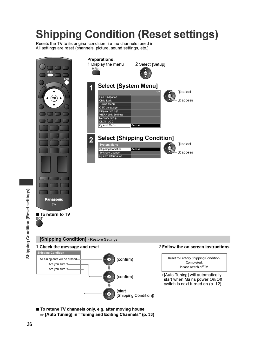 Panasonic TH-L42E30T Shipping Condition Reset settings, Shipping Condition Restore Settings, Check the message and reset 