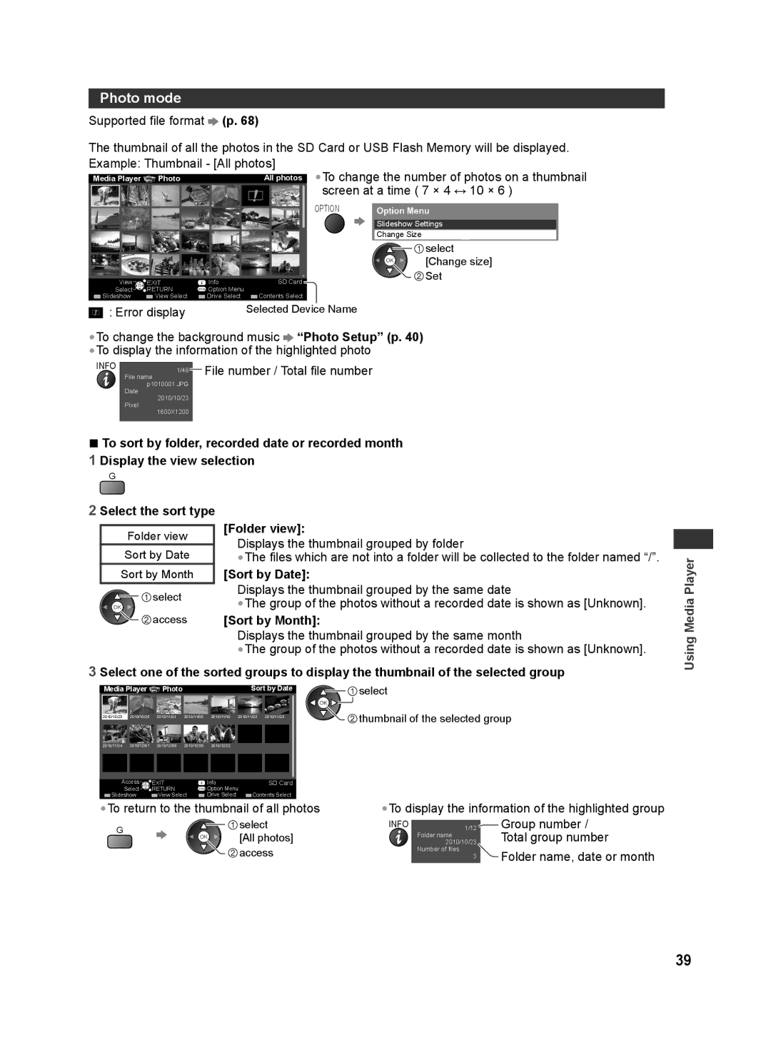 Panasonic TH-L32E30M, TH-L42E30X, TH-L42E30T, TH-L42E30M, TH-L42E30K Photo mode, Folder view, Sort by Date, Sort by Month 