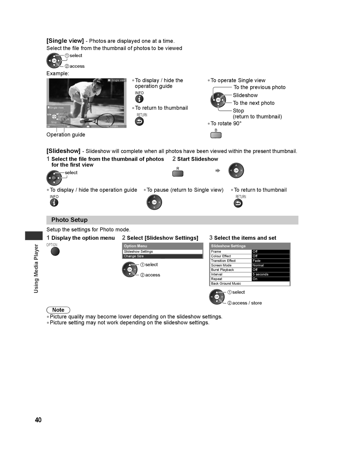 Panasonic TH-L42E30X manual Photo Setup, Display the option menu 2 Select Slideshow Settings, Select the items and set 