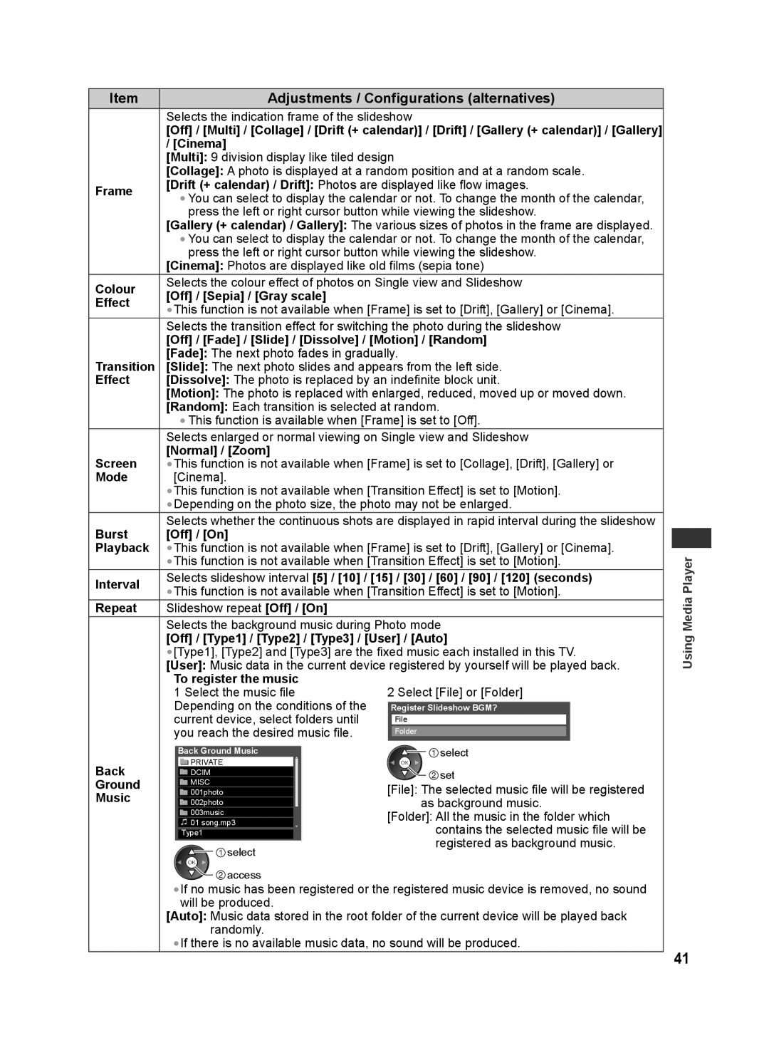 Panasonic TH-L42E30T, TH-L42E30X, TH-L42E30M, TH-L42E30K manual Adjustments / Configurations alternatives, Back, Ground, Music 