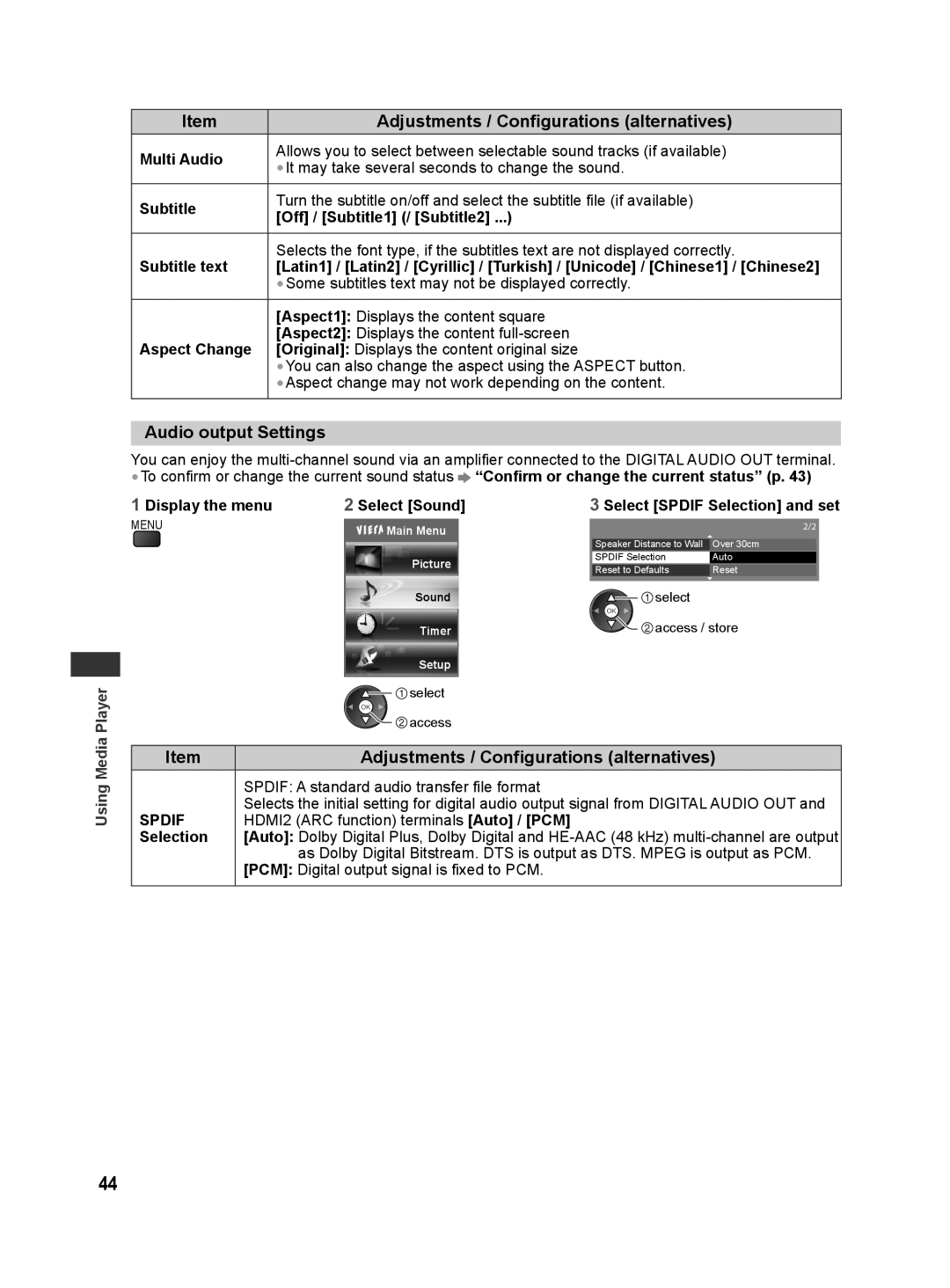 Panasonic TH-L32E30M, TH-L42E30X, TH-L42E30T, TH-L42E30M, TH-L42E30K manual Audio output Settings 