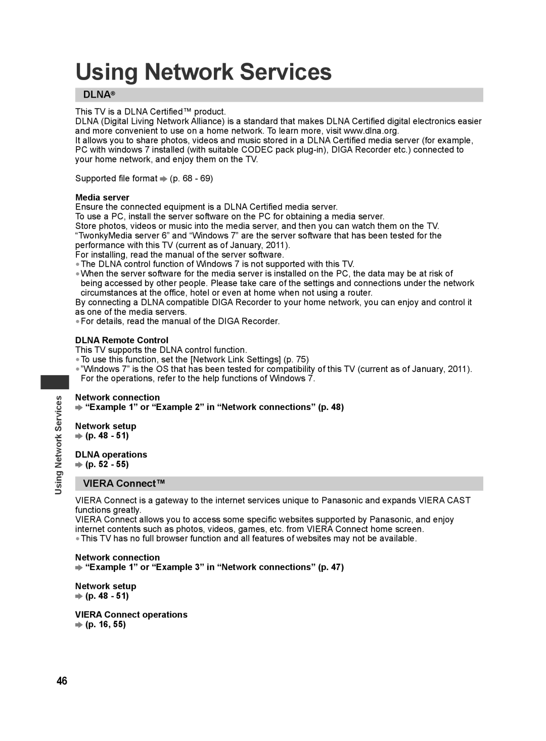 Panasonic TH-L42E30T, TH-L42E30X, TH-L42E30M manual Using Network Services, Viera Connect, Media server, Dlna Remote Control 