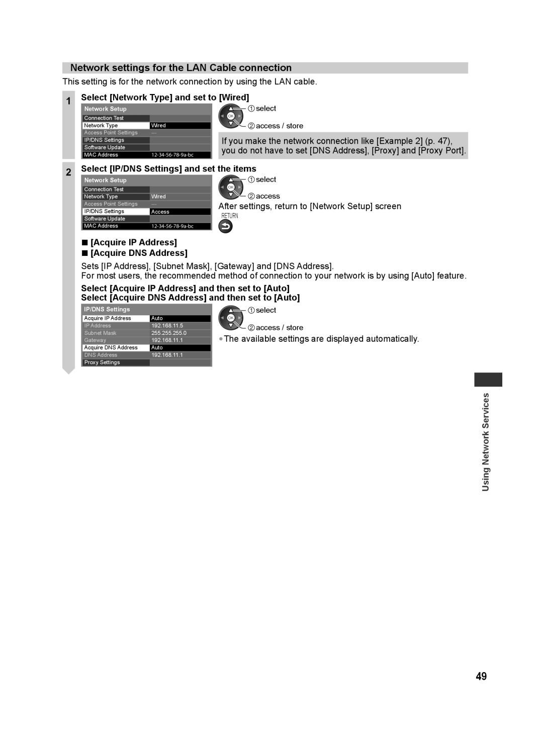 Panasonic TH-L32E30M, TH-L42E30X manual Network settings for the LAN Cable connection, Select Network Type and set to Wired 